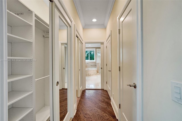 hall featuring ornamental molding and dark hardwood / wood-style floors