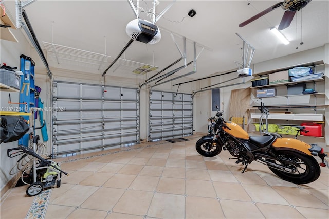 garage with a garage door opener, electric panel, and ceiling fan