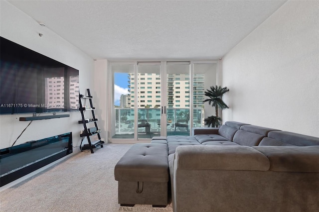 carpeted living room featuring a textured ceiling