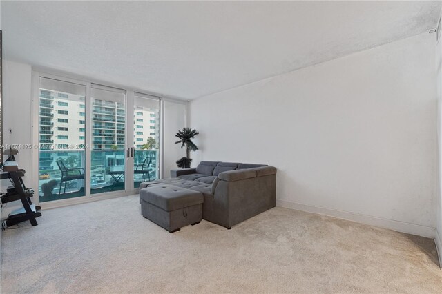 living room featuring a textured ceiling and light colored carpet