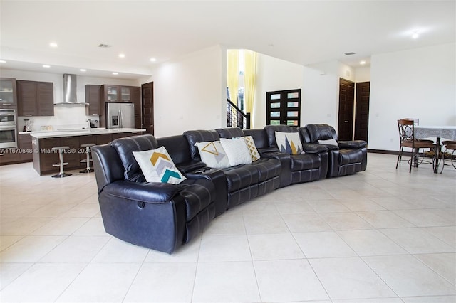 living room featuring light tile patterned floors