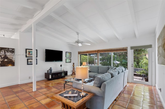 living room with tile patterned flooring, lofted ceiling with beams, and ceiling fan