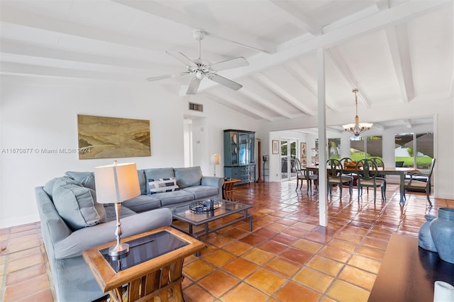 living room featuring lofted ceiling with beams, tile patterned flooring, and ceiling fan with notable chandelier