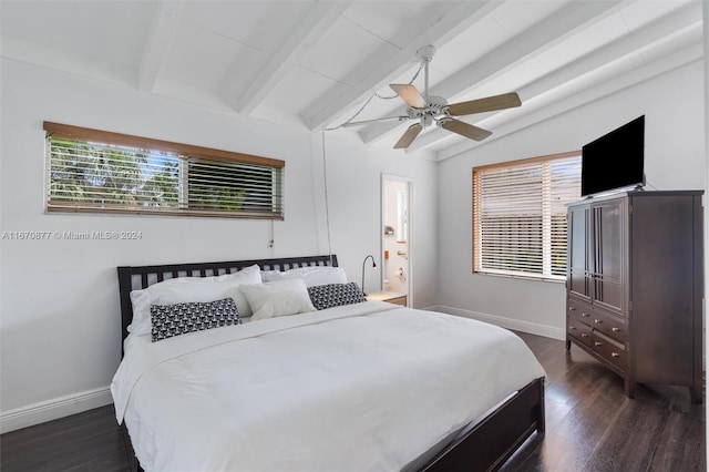 bedroom with vaulted ceiling with beams, ceiling fan, and dark wood-type flooring