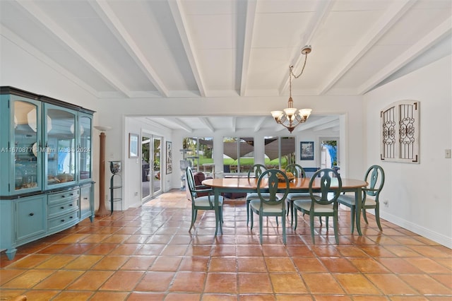 tiled dining area with a notable chandelier and vaulted ceiling with beams