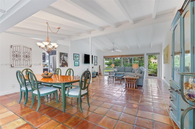 dining area featuring vaulted ceiling with beams, ceiling fan with notable chandelier, and tile patterned flooring