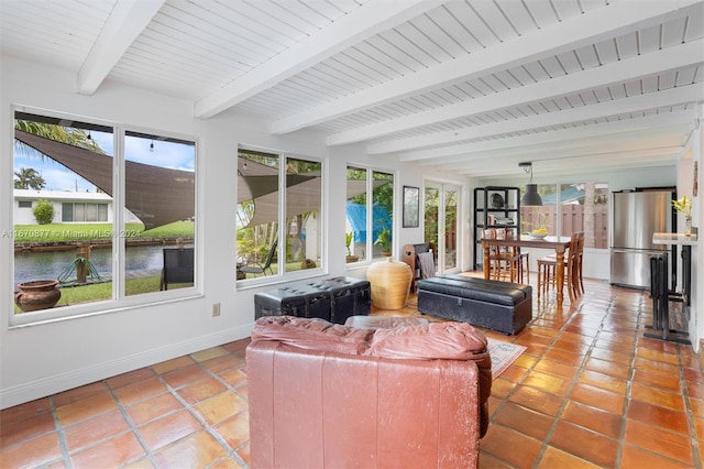 sunroom with beamed ceiling, wooden ceiling, and a healthy amount of sunlight