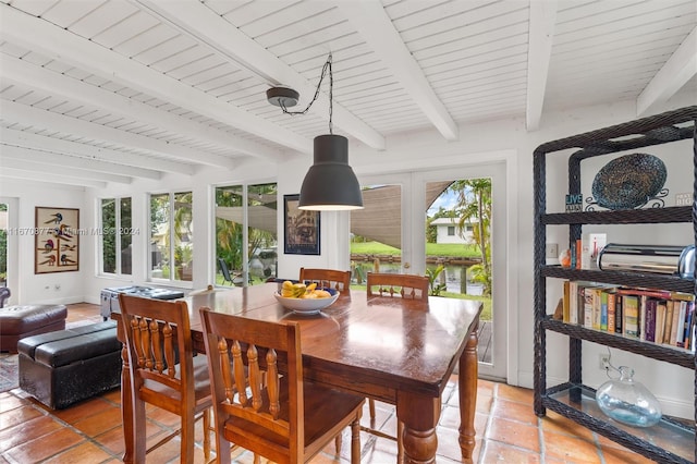 dining space with a wealth of natural light, beam ceiling, and wooden ceiling