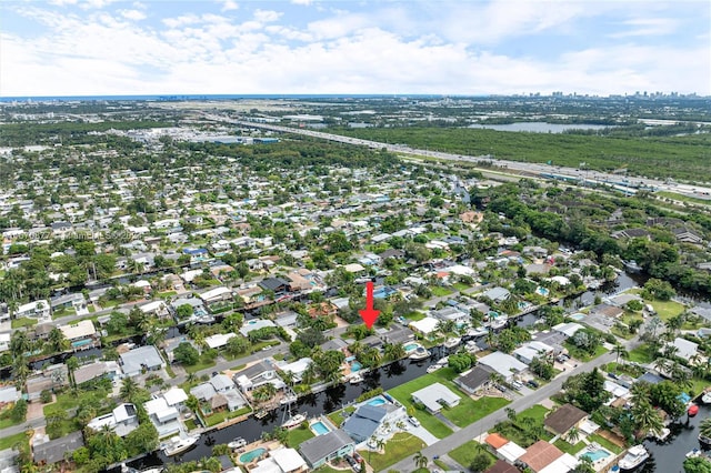 aerial view featuring a water view