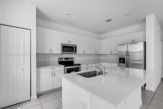 kitchen featuring white cabinets, a center island with sink, appliances with stainless steel finishes, and sink