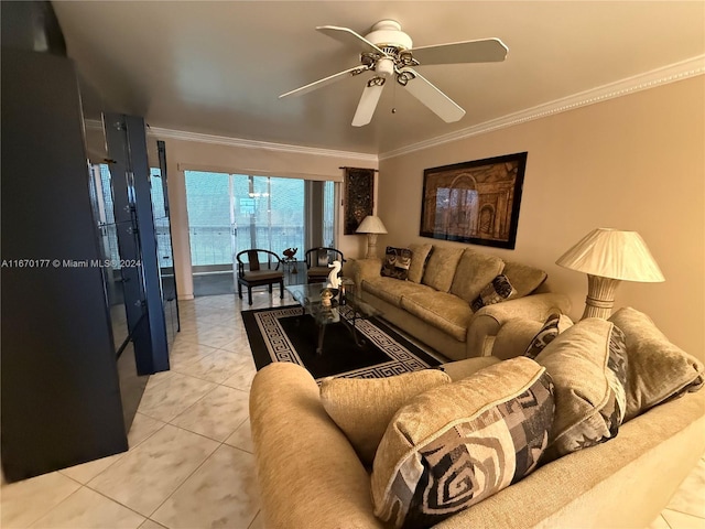 living room featuring ceiling fan, crown molding, and light tile patterned floors