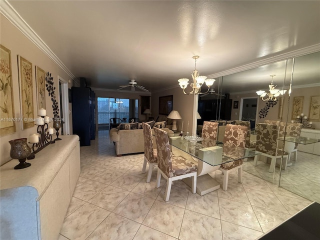 dining space featuring ceiling fan with notable chandelier and ornamental molding