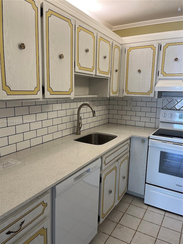 kitchen with white dishwasher, ornamental molding, sink, extractor fan, and range with electric stovetop