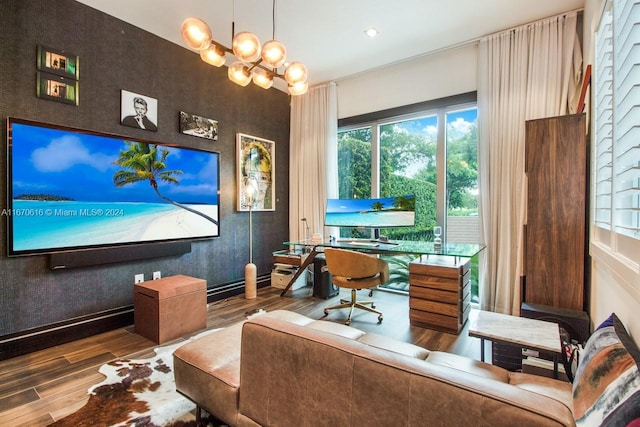 2382 Alton Rd, Miami Beach, FL 33140 - office space featuring wood finished floors, an accent wall, and a chandelier