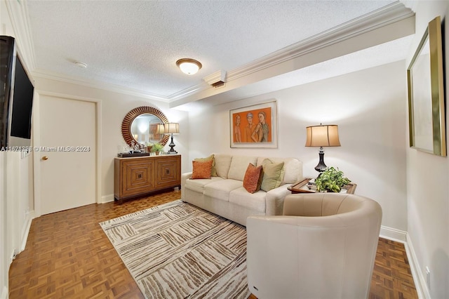 living room with a textured ceiling, parquet flooring, and ornamental molding