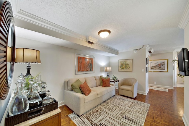 living room with a textured ceiling, ornamental molding, and parquet floors