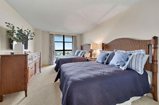 carpeted bedroom with a textured ceiling