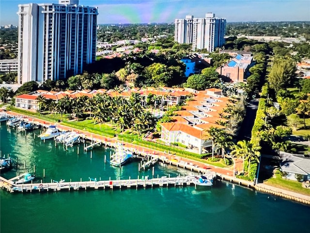 bird's eye view with a water view