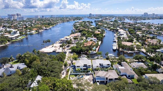 aerial view featuring a water view