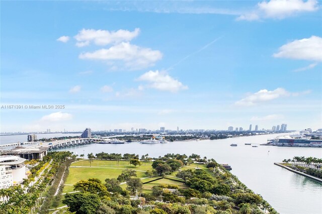 aerial view featuring a water view