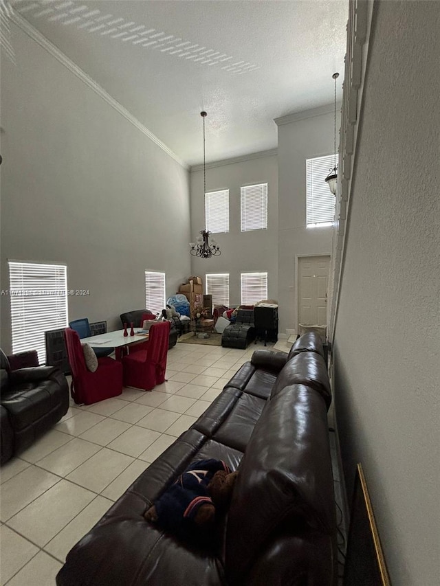 tiled living room with crown molding