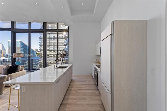 kitchen featuring a large island, light wood-type flooring, sink, a raised ceiling, and expansive windows