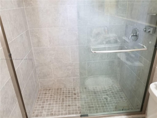 bathroom featuring a shower with shower door