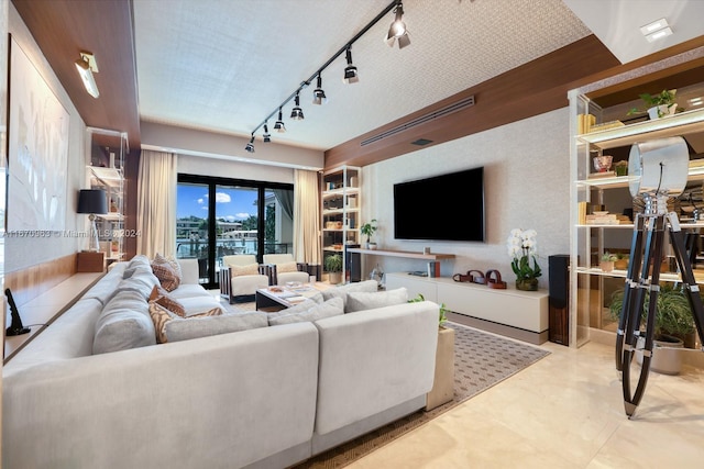 living area featuring rail lighting