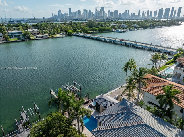 drone / aerial view featuring a water view and a city view