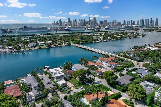 drone / aerial view with a water view and a city view
