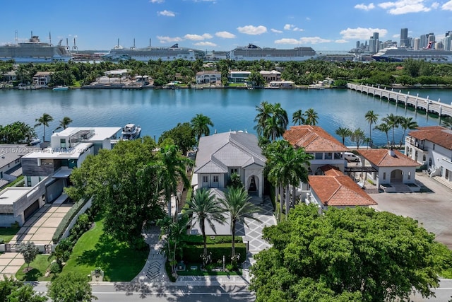 bird's eye view with a view of city and a water view