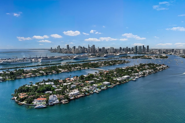 drone / aerial view with a view of city and a water view