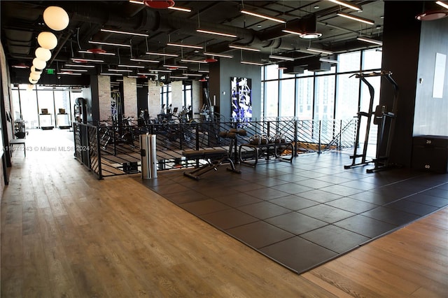 workout area with wood-type flooring, a wall of windows, and a wealth of natural light