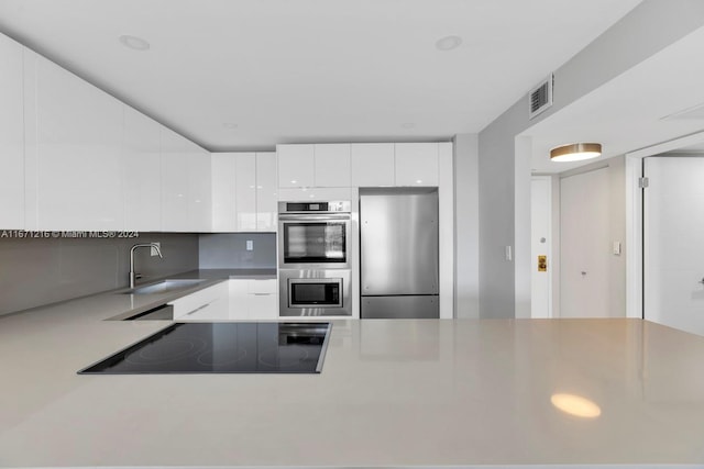 kitchen with white cabinets, stainless steel appliances, sink, and backsplash