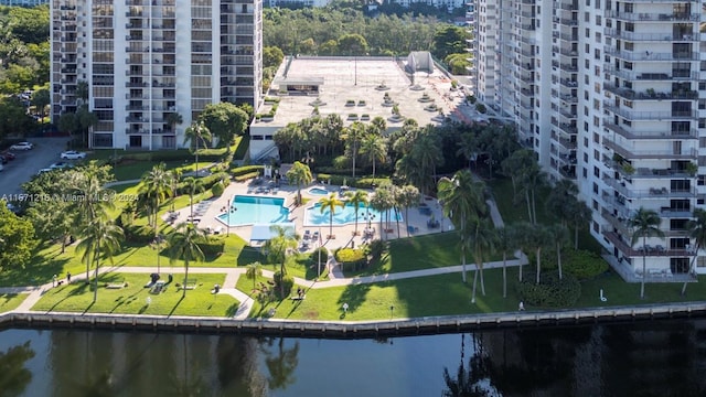 aerial view featuring a water view