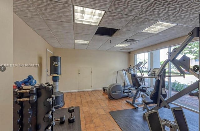 gym with a paneled ceiling and hardwood / wood-style flooring