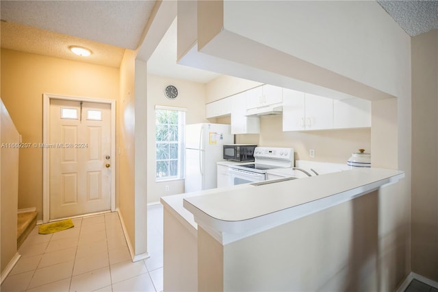 kitchen featuring white cabinets, sink, kitchen peninsula, white appliances, and a textured ceiling