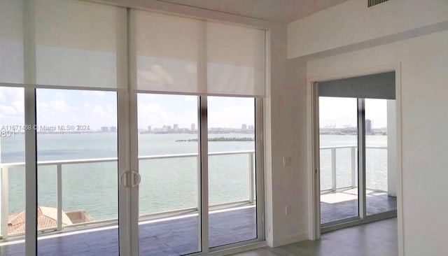 interior space featuring a water view