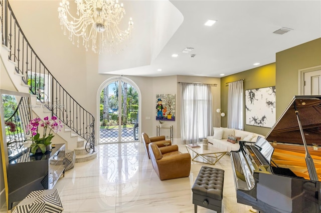 living room featuring a notable chandelier