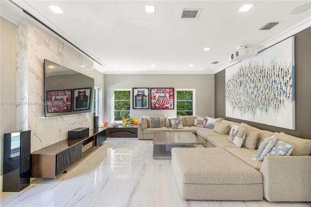 living room with crown molding