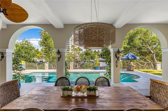 exterior space featuring a fenced in pool