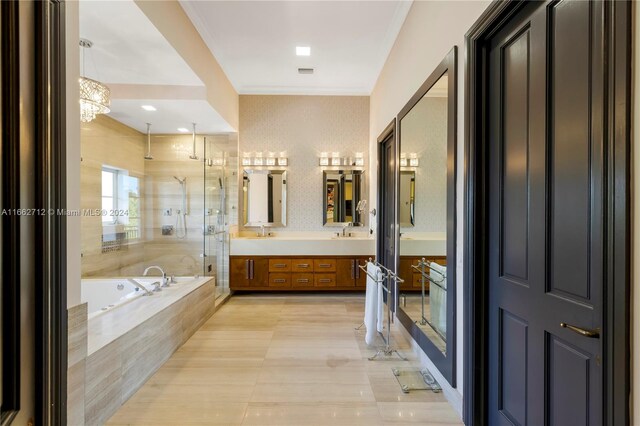 bathroom with vanity, tile patterned flooring, plus walk in shower, and an inviting chandelier