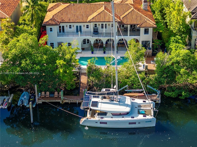 aerial view featuring a water view