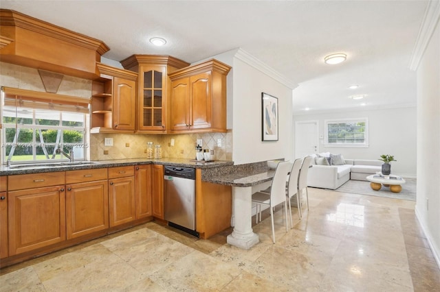 kitchen with brown cabinetry, dishwasher, glass insert cabinets, dark stone countertops, and a sink