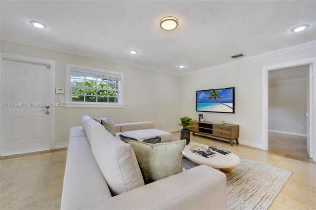 tiled living room with crown molding