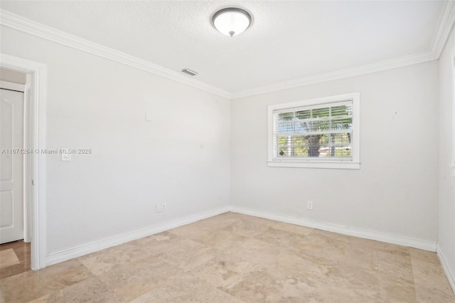 unfurnished room with visible vents, a textured ceiling, baseboards, and crown molding