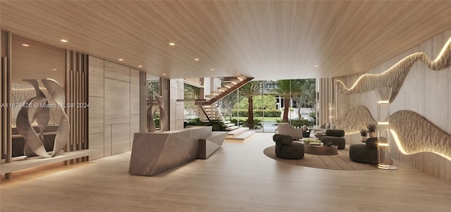 9927 E Bay Harbor Dr Unit 604, Bay Harbor Islands, FL 33154 - lobby with a wall of windows, wood ceiling, stairs, and recessed lighting