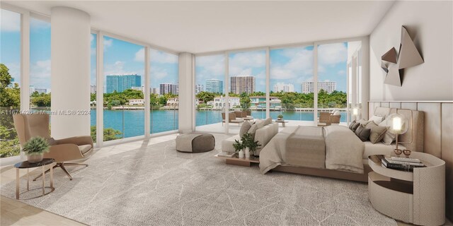 bedroom featuring expansive windows, access to exterior, and a water view