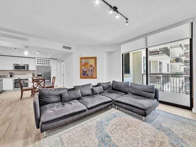 living room with track lighting and light hardwood / wood-style floors