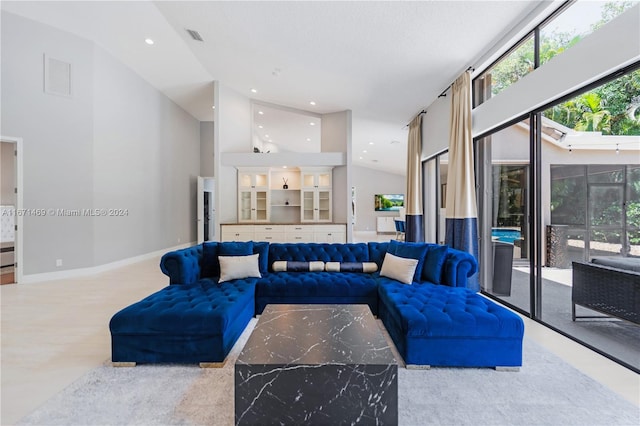 living room featuring lofted ceiling